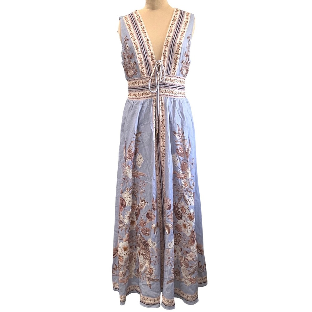 Caroline Constas Grecian Floral Linen Blend Maxi Dress Blue Boho Pokets S NWT - Picture 4 of 15